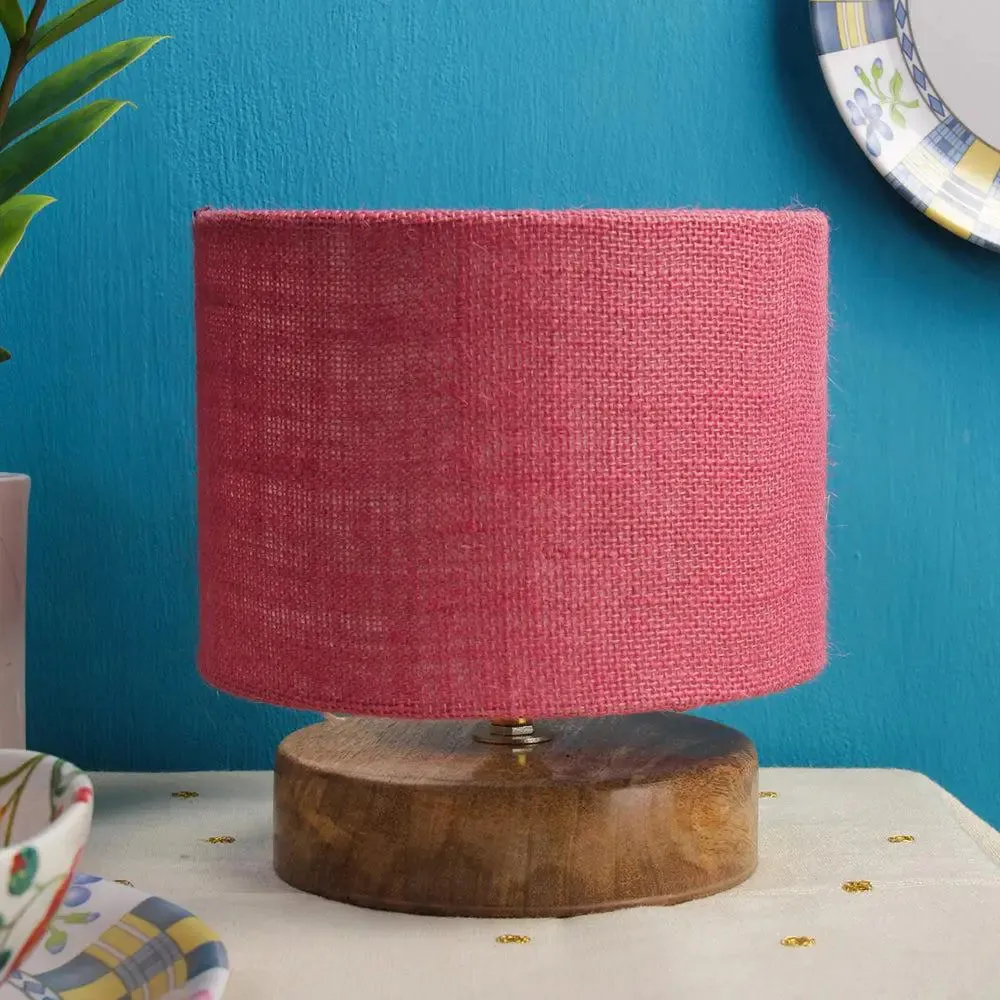 Drum Designer Pink Jute Shade Table Lamp with Wood Base