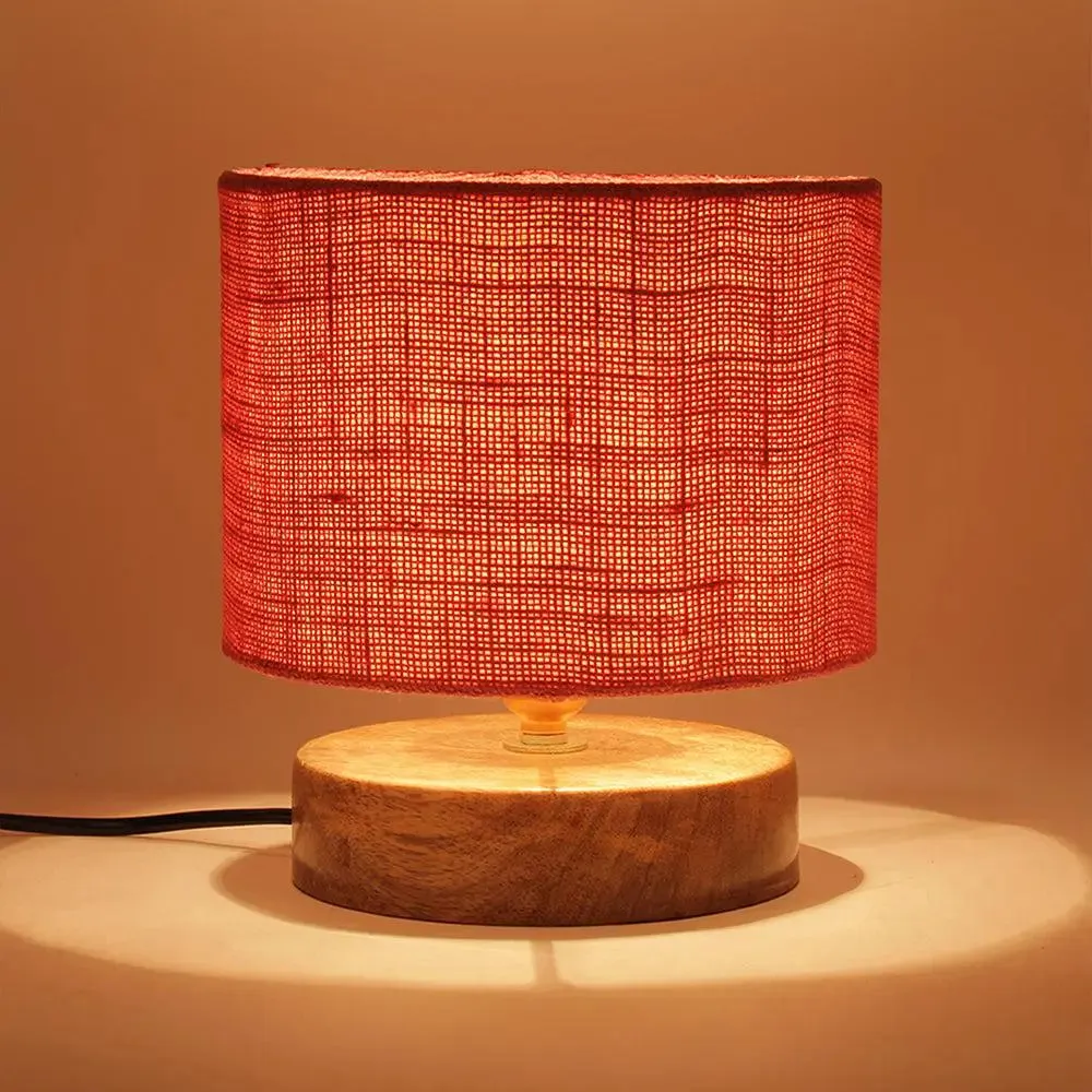Drum Designer Pink Jute Shade Table Lamp with Wood Base