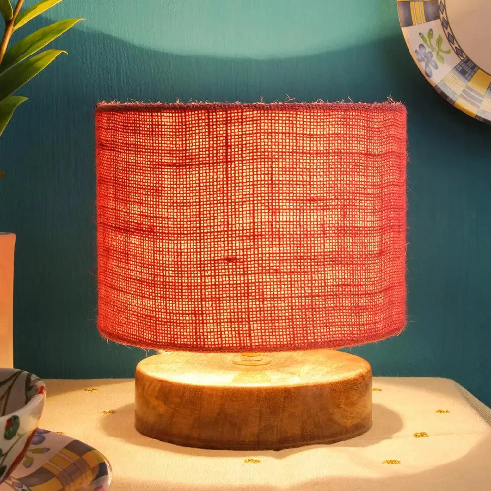 Drum Designer Pink Jute Shade Table Lamp with Wood Base