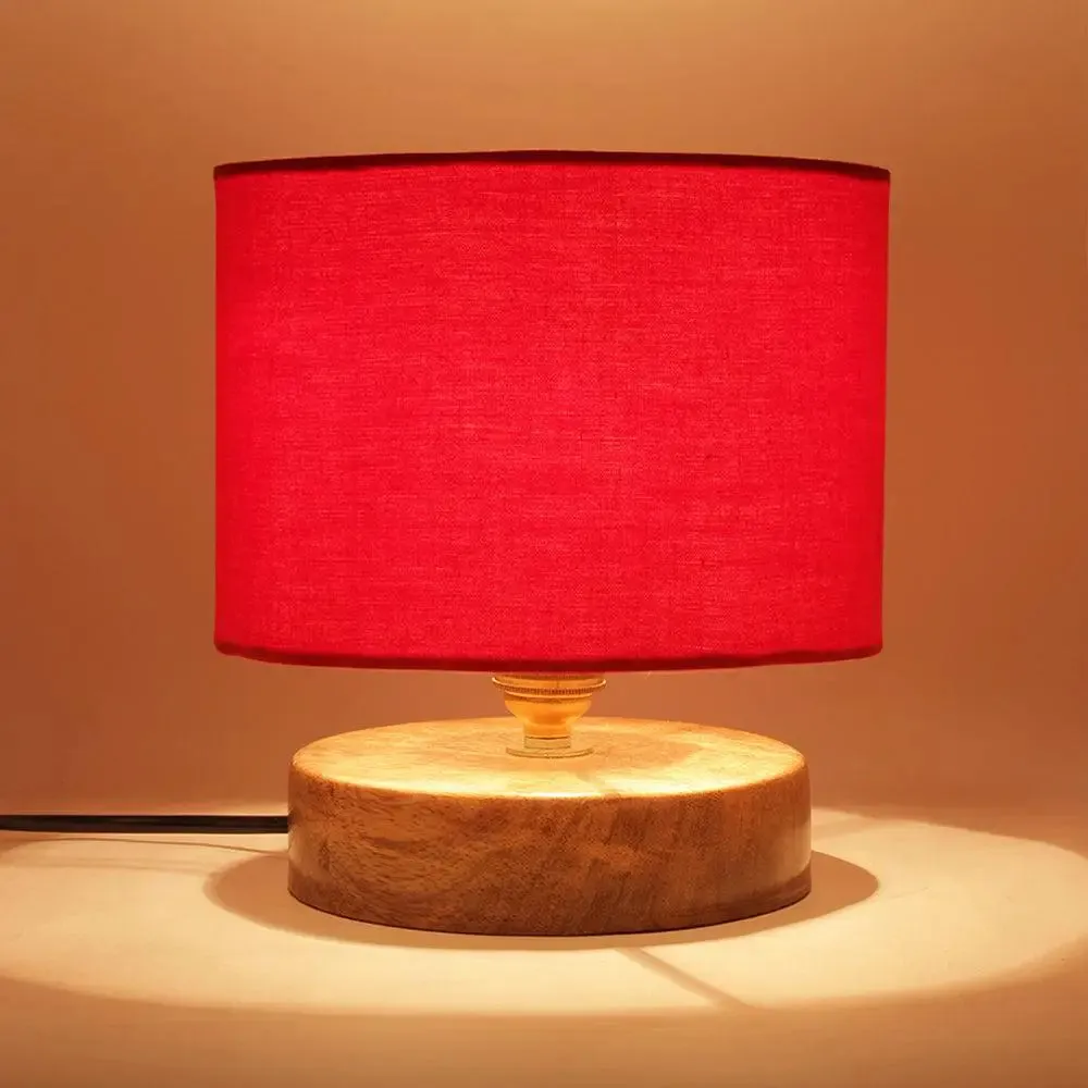 Drum Designer Red Cotton Shade Table Lamp with Wood Base