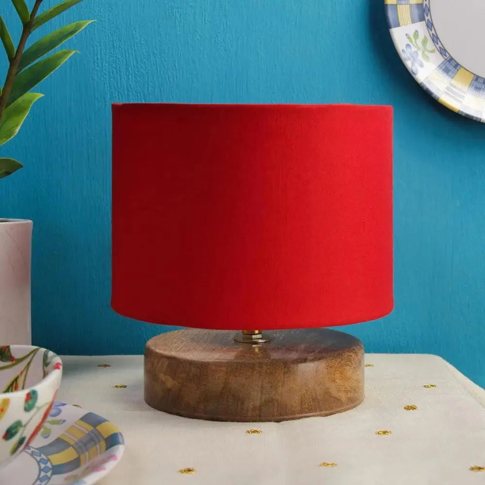 Drum Designer Red Cotton Shade Table Lamp with Wood Base
