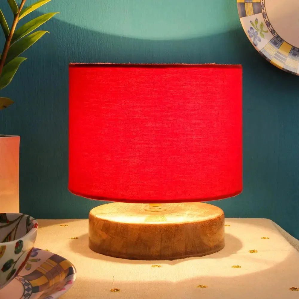 Drum Designer Red Cotton Shade Table Lamp with Wood Base