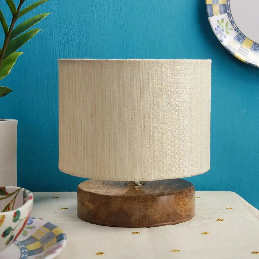 Drum Designer White Cotton Shade Table Lamp with Wood Base