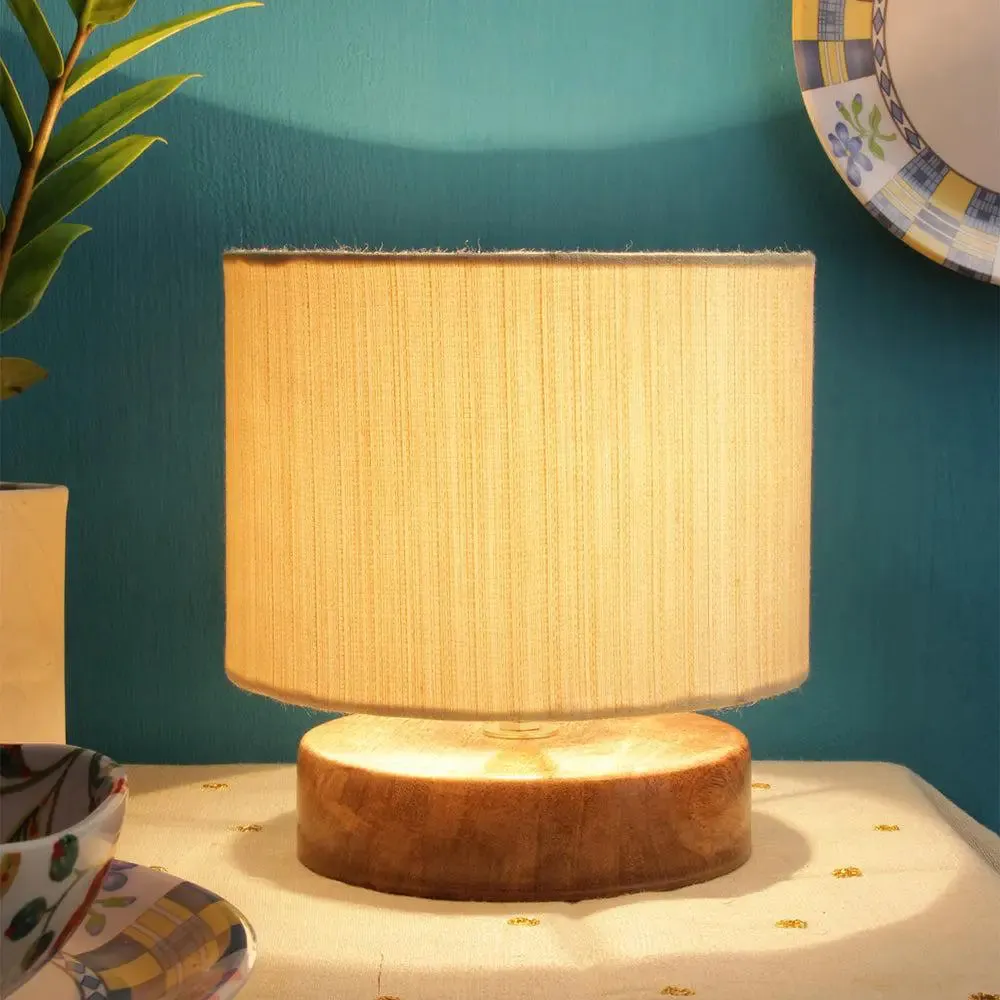 Drum Designer White Cotton Shade Table Lamp with Wood Base
