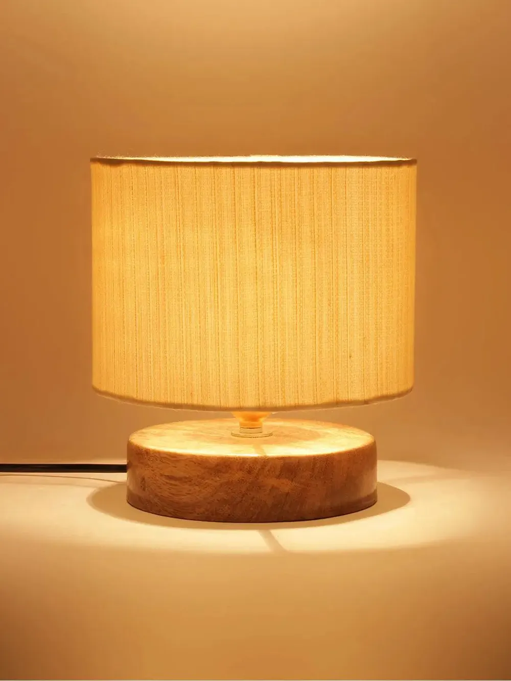 Drum Designer White Cotton Shade Table Lamp with Wood Base