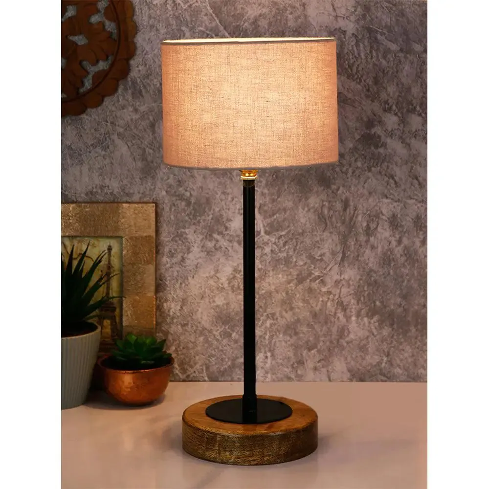 Drum Grey Cotton Shade Table Lamp with Wood & Iron Base