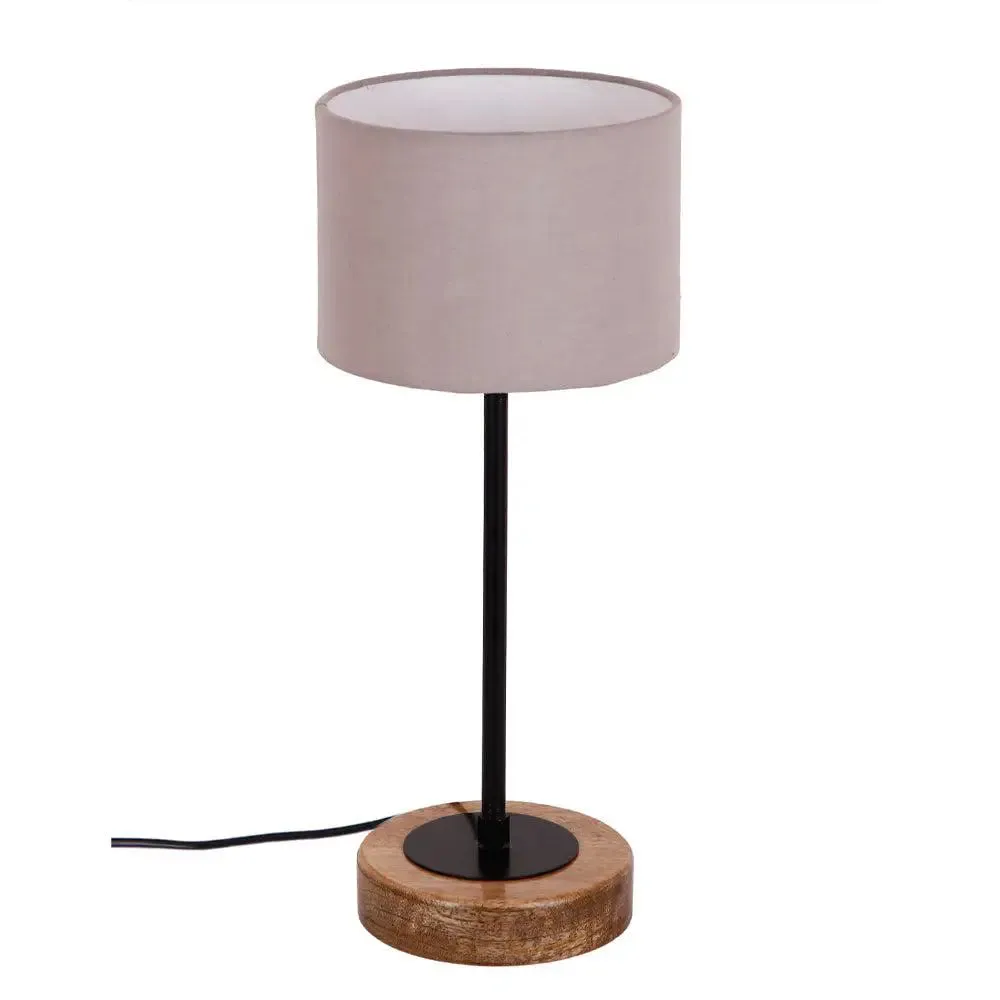 Drum Grey Cotton Shade Table Lamp with Wood & Iron Base