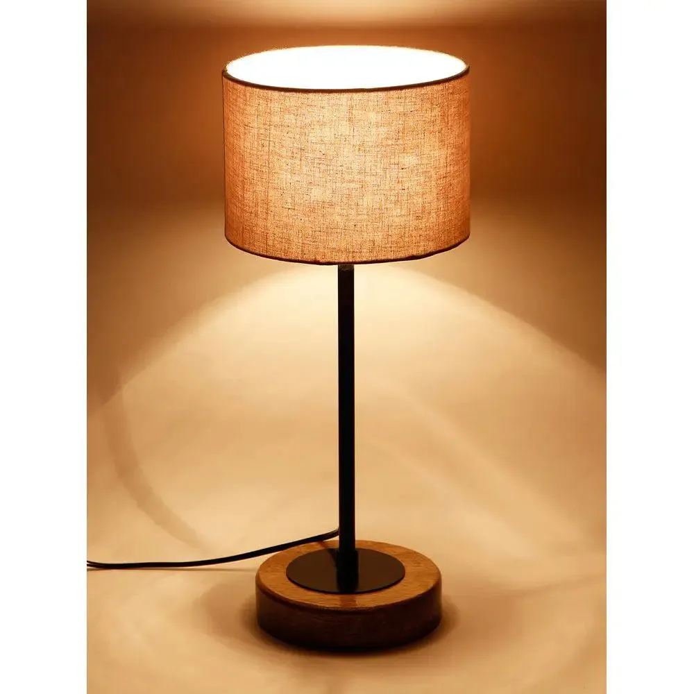 Drum Grey Cotton Shade Table Lamp with Wood & Iron Base
