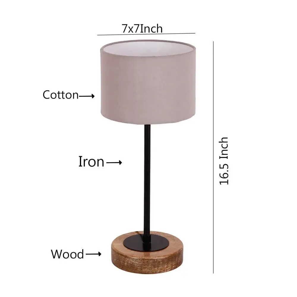 Drum Grey Cotton Shade Table Lamp with Wood & Iron Base