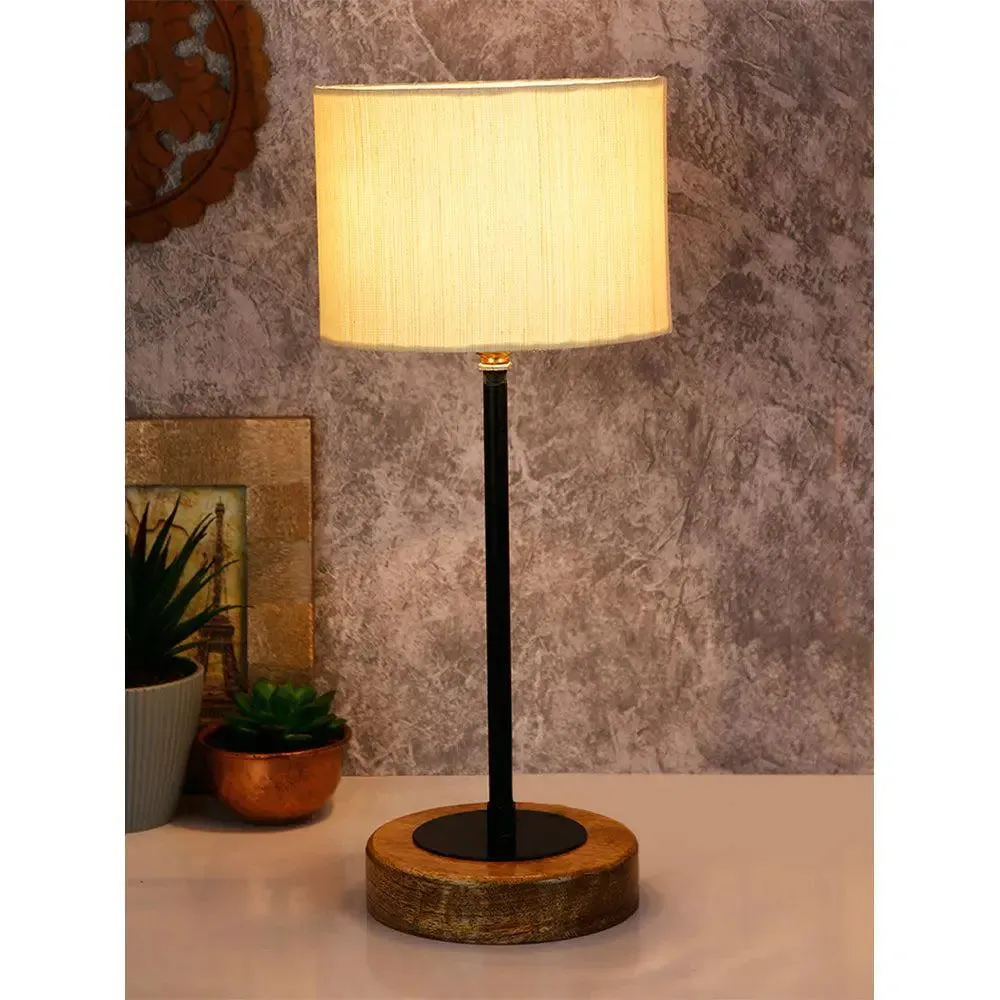 Drum Off White Cotton Shade Table Lamp with Wood & Iron Base