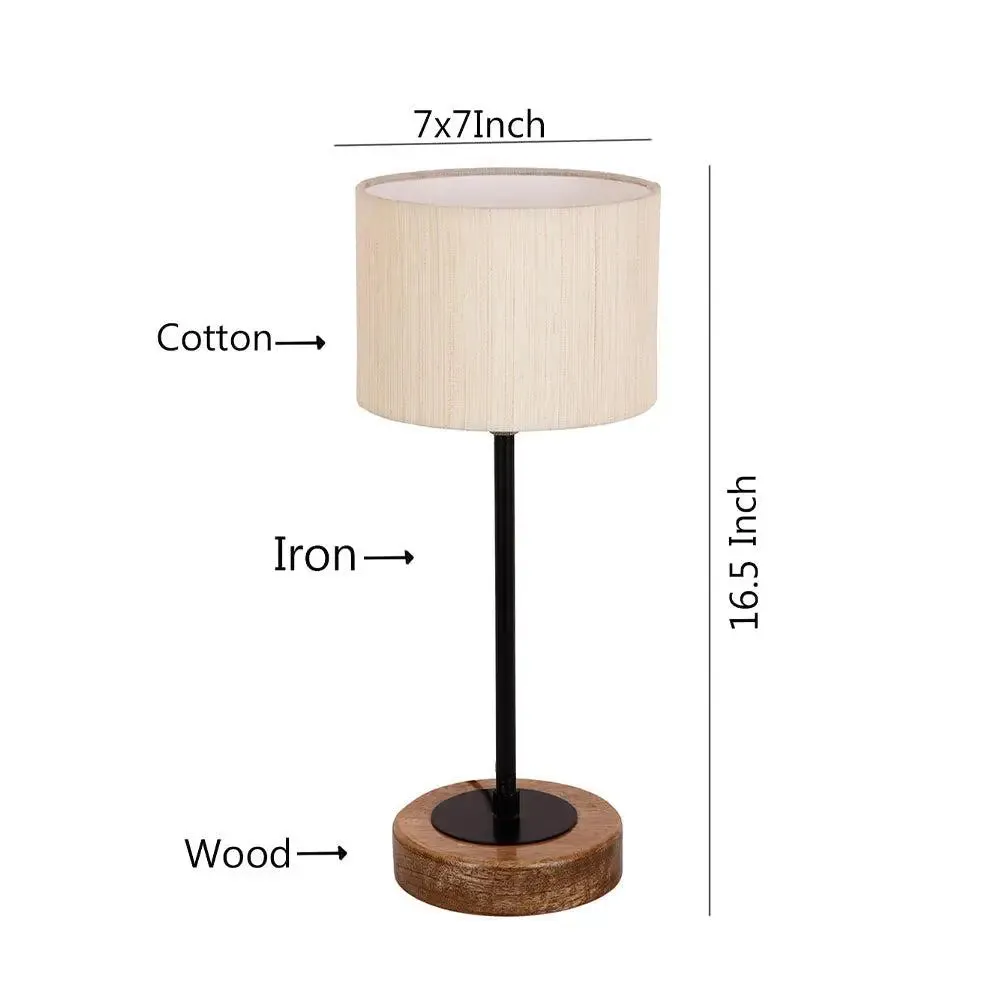 Drum Off White Cotton Shade Table Lamp with Wood & Iron Base
