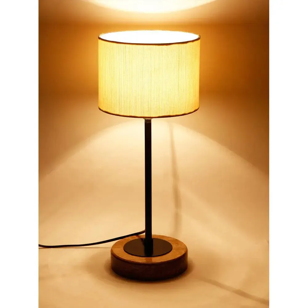 Drum Off White Cotton Shade Table Lamp with Wood & Iron Base