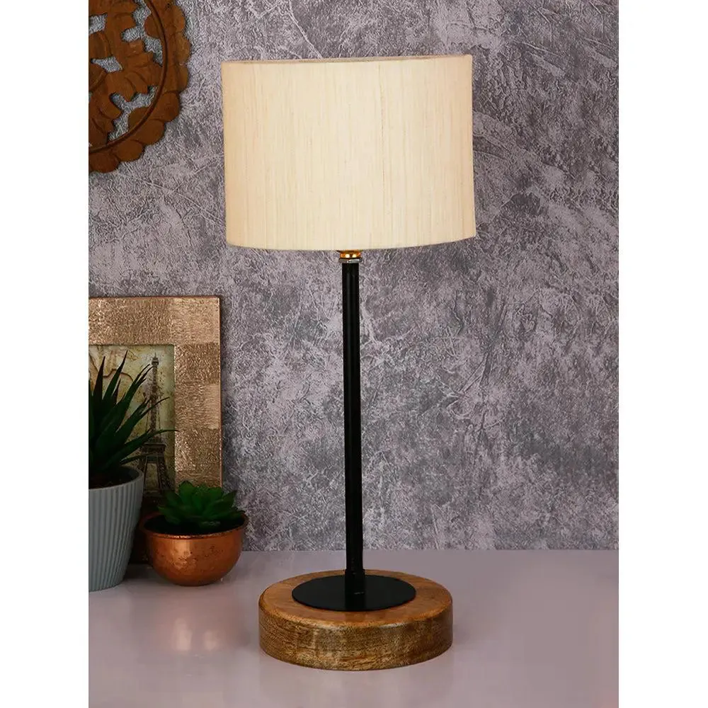 Drum Off White Cotton Shade Table Lamp with Wood & Iron Base