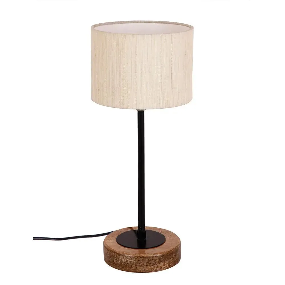 Drum Off White Cotton Shade Table Lamp with Wood & Iron Base