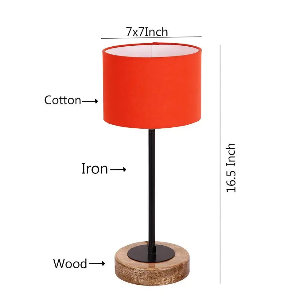 Drum Orange Cotton Shade Table Lamp with Wood & Iron Base