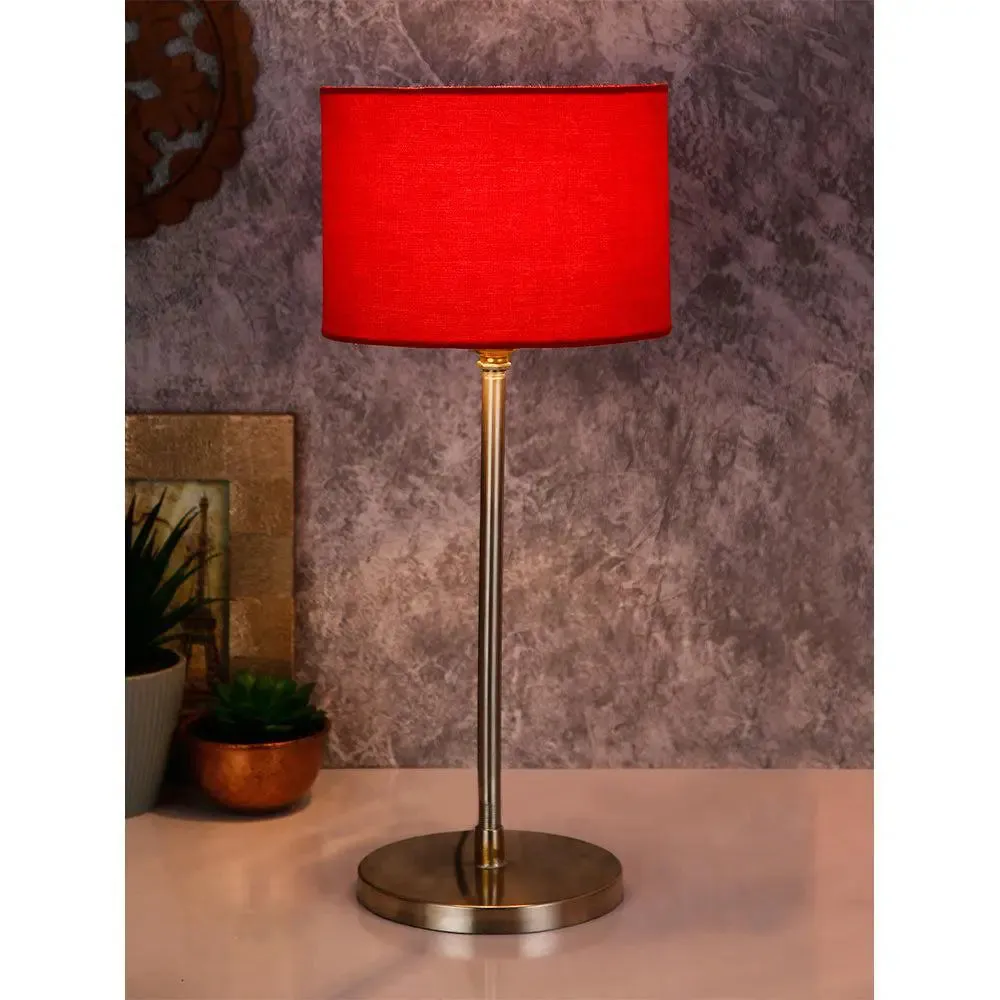 Drum Red Cotton Shade Table Lamp with Steel Base