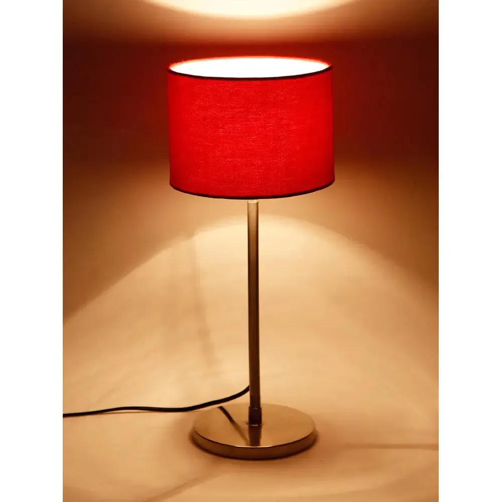 Drum Red Cotton Shade Table Lamp with Steel Base