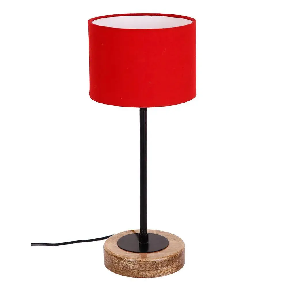 Drum Red Cotton Shade Table Lamp with Wood & Iron Base
