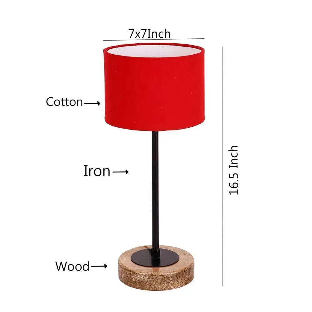 Drum Red Cotton Shade Table Lamp with Wood & Iron Base