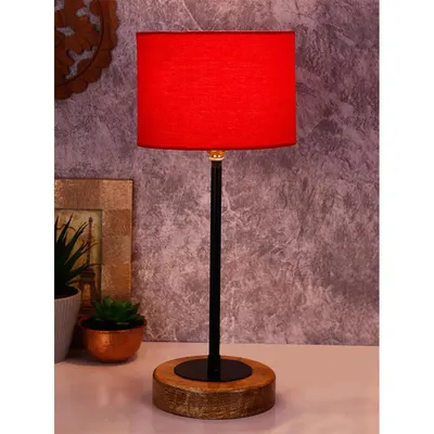 Drum Red Cotton Shade Table Lamp with Wood & Iron Base