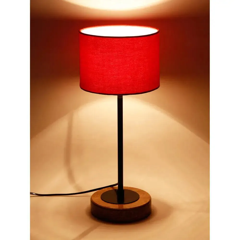 Drum Red Cotton Shade Table Lamp with Wood & Iron Base