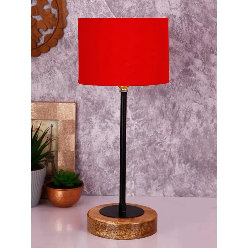 Drum Red Cotton Shade Table Lamp with Wood & Iron Base
