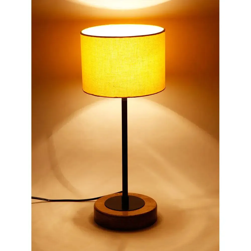 Drum Yellow Cotton Shade Table Lamp with Wood & Iron Base