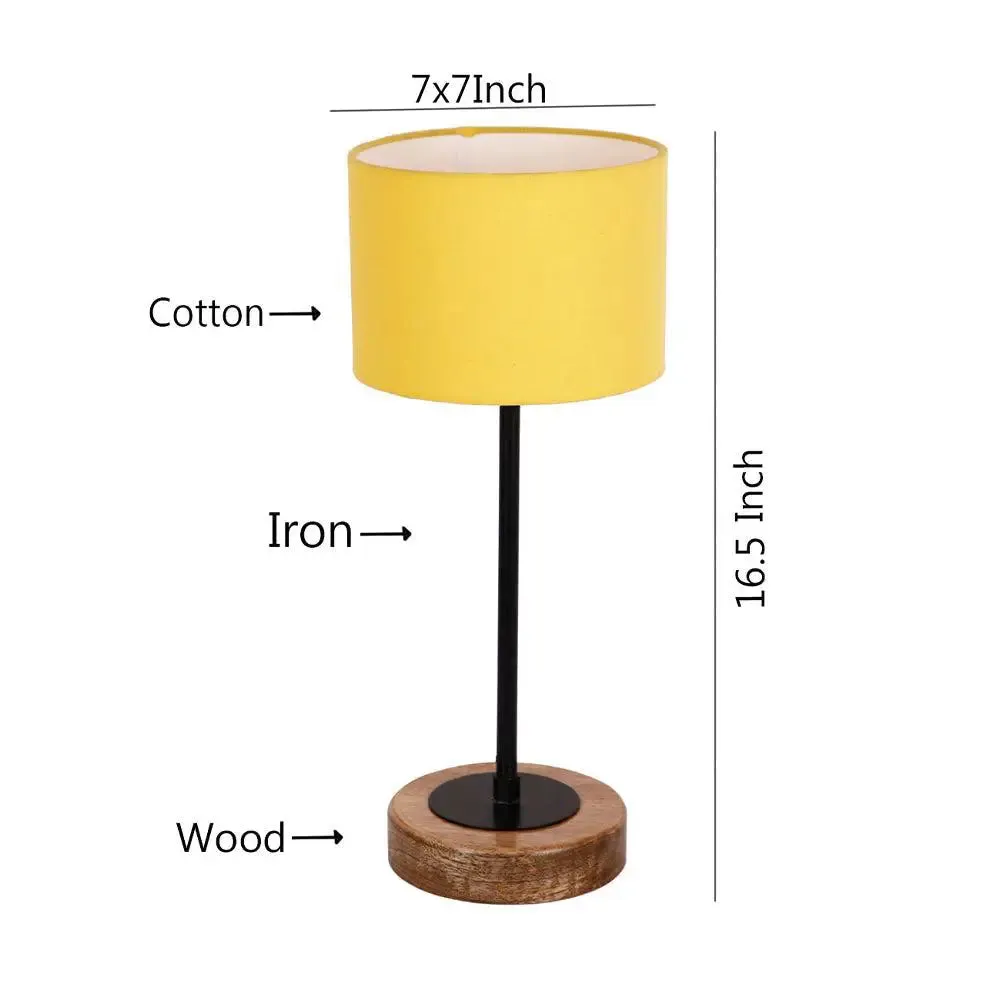 Drum Yellow Cotton Shade Table Lamp with Wood & Iron Base