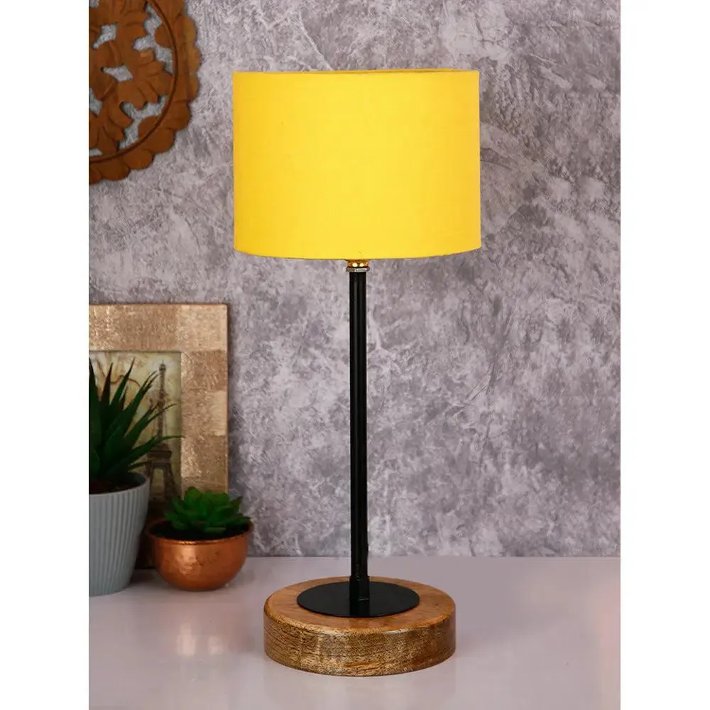 Drum Yellow Cotton Shade Table Lamp with Wood & Iron Base