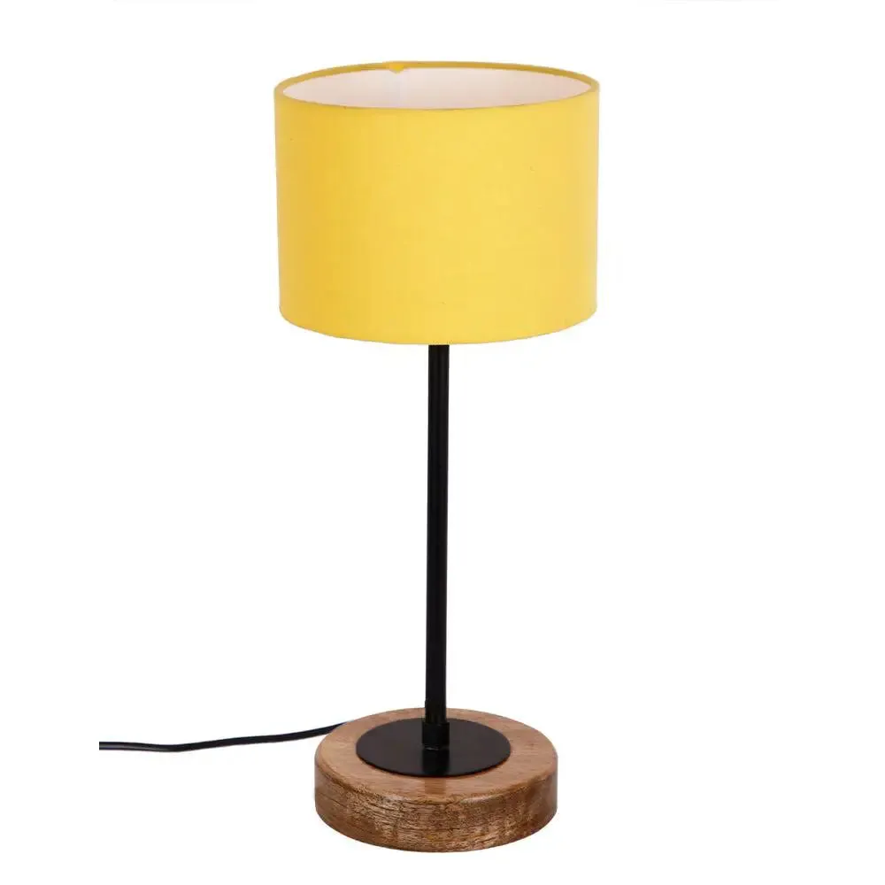 Drum Yellow Cotton Shade Table Lamp with Wood & Iron Base