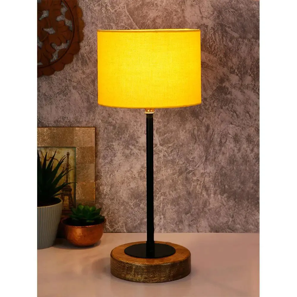 Drum Yellow Cotton Shade Table Lamp with Wood & Iron Base