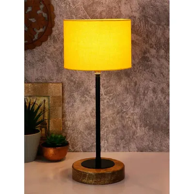 Drum Yellow Cotton Shade Table Lamp with Wood & Iron Base