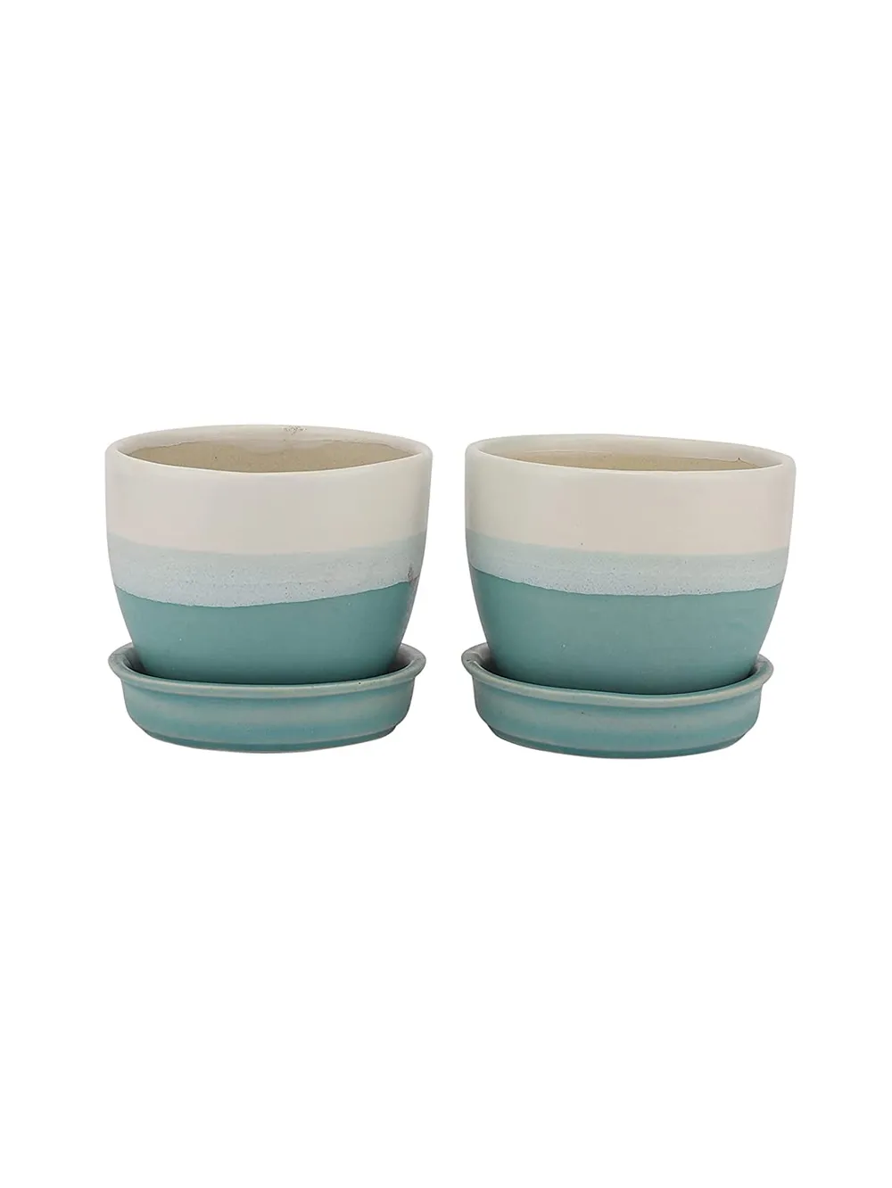 Dual Toned Sky Blue Ceramic Small Plant Pots Set Of 2