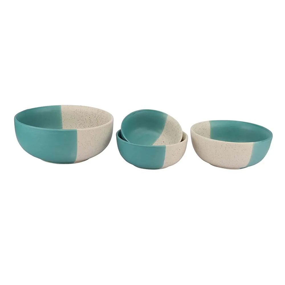 Dual Toned Teal & White Ceramic Bowls Set Of 4