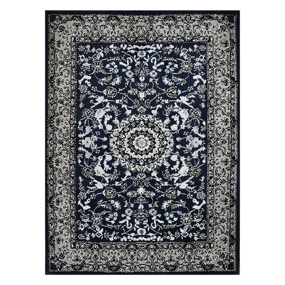 Durable Blue and Grey Traditional Print Designer Polyester Carpet 4X6