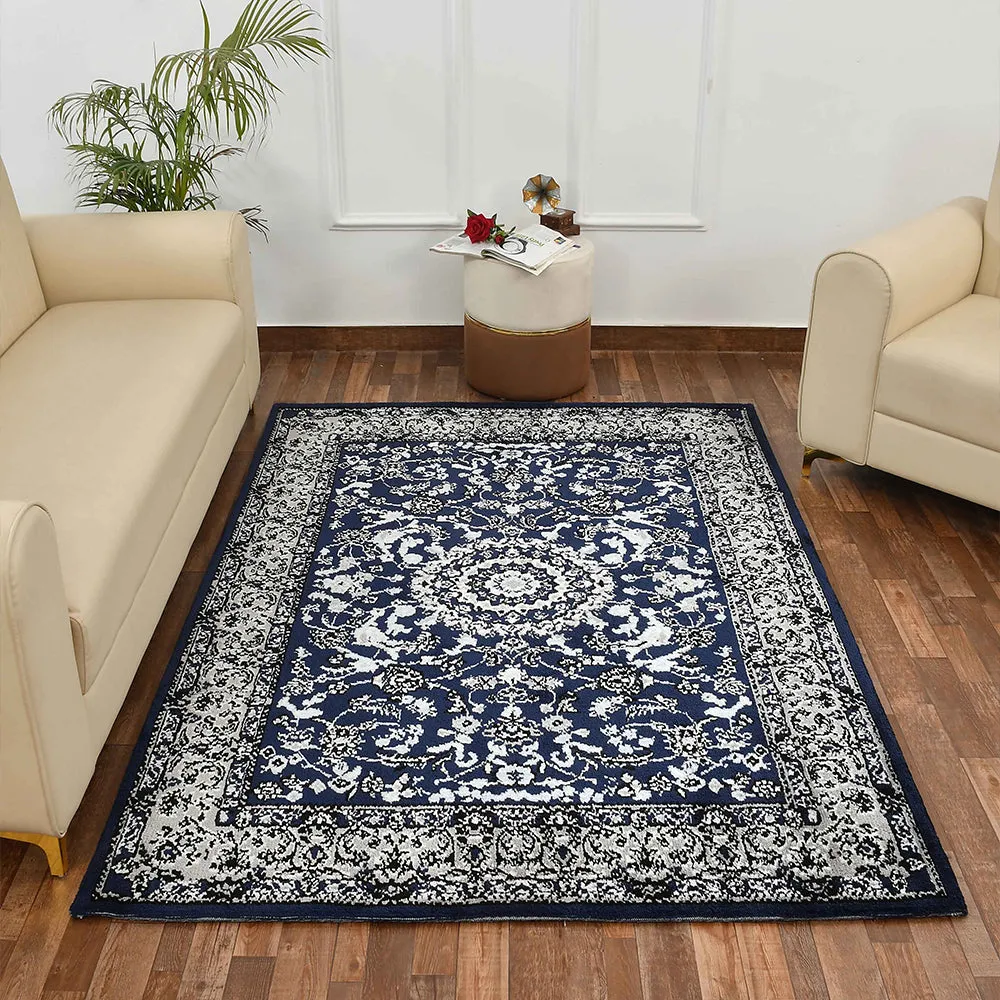 Durable Blue and Grey Traditional Print Designer Polyester Carpet 4X6