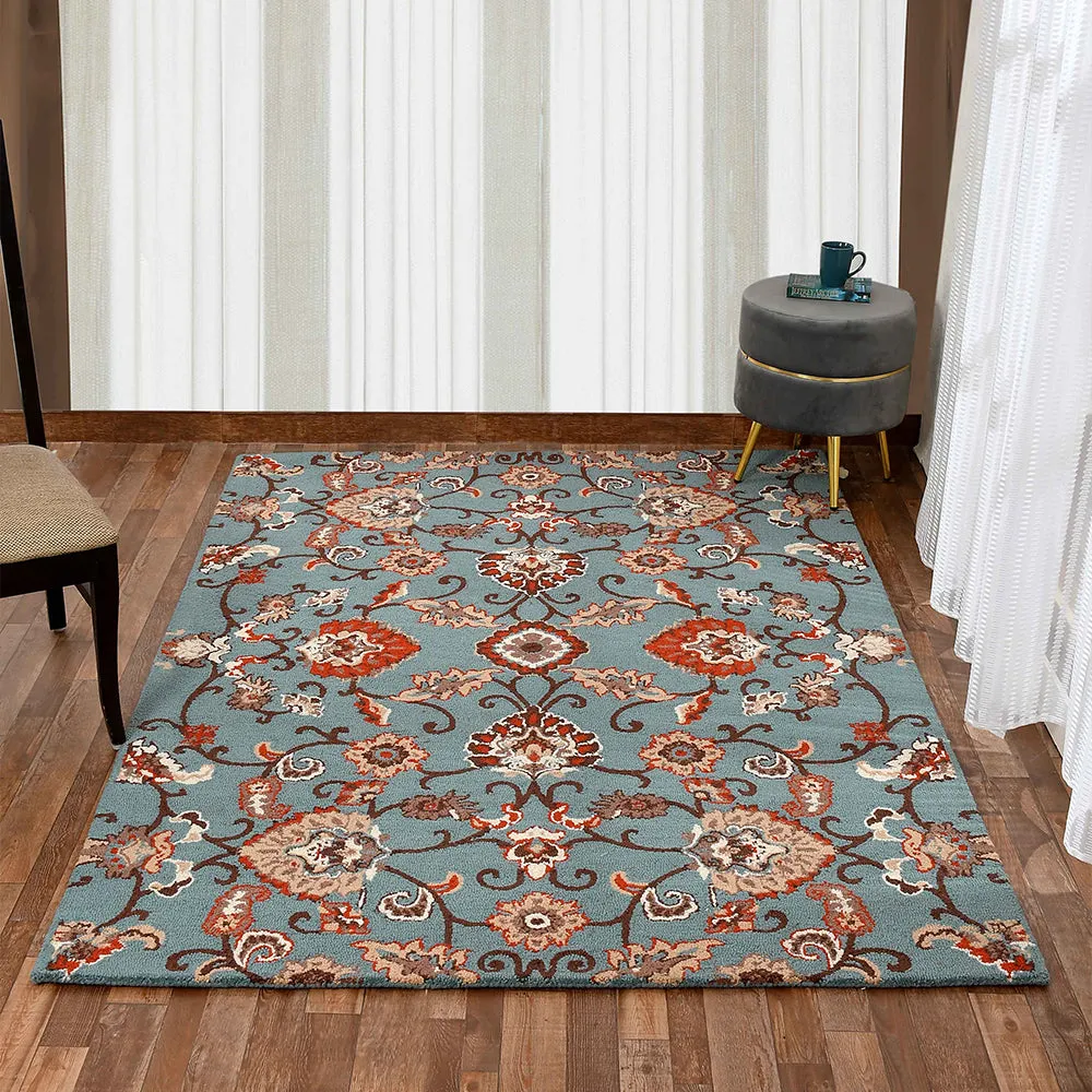 Dusty Blue Traditional Print Hand Tufted Wool Carpet for Living Room 4X6