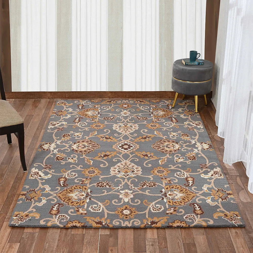 Dusty Grey Traditional Print Hand Tufted Wool Carpet for Living Room 4X6