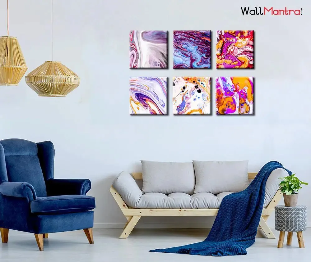Ebru Art Abstract Design Canvas Printed Painting Frame Set of 6 Size: 18 inch (W) X 18 inch (H) each panel