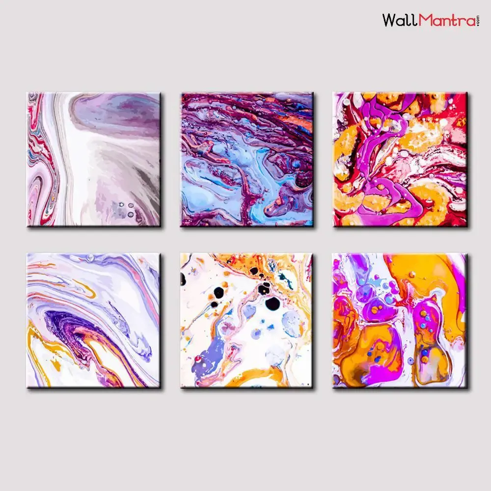 Ebru Art Abstract Design Canvas Printed Painting Frame Set of 6 Size: 18 inch (W) X 18 inch (H) each panel