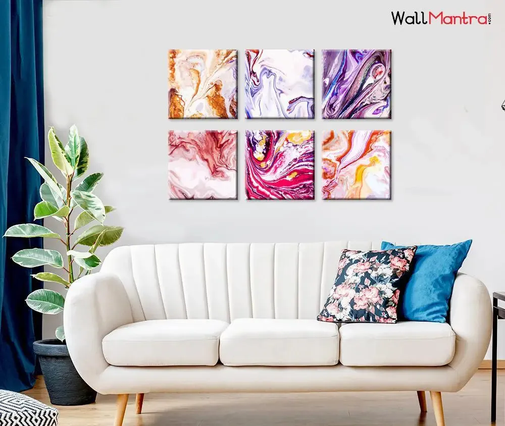 Ebru Art  Abstract Design Canvas Printed Painting Frame Set of 6 Size: 18 inch (W) X 18 inch (H) each panel