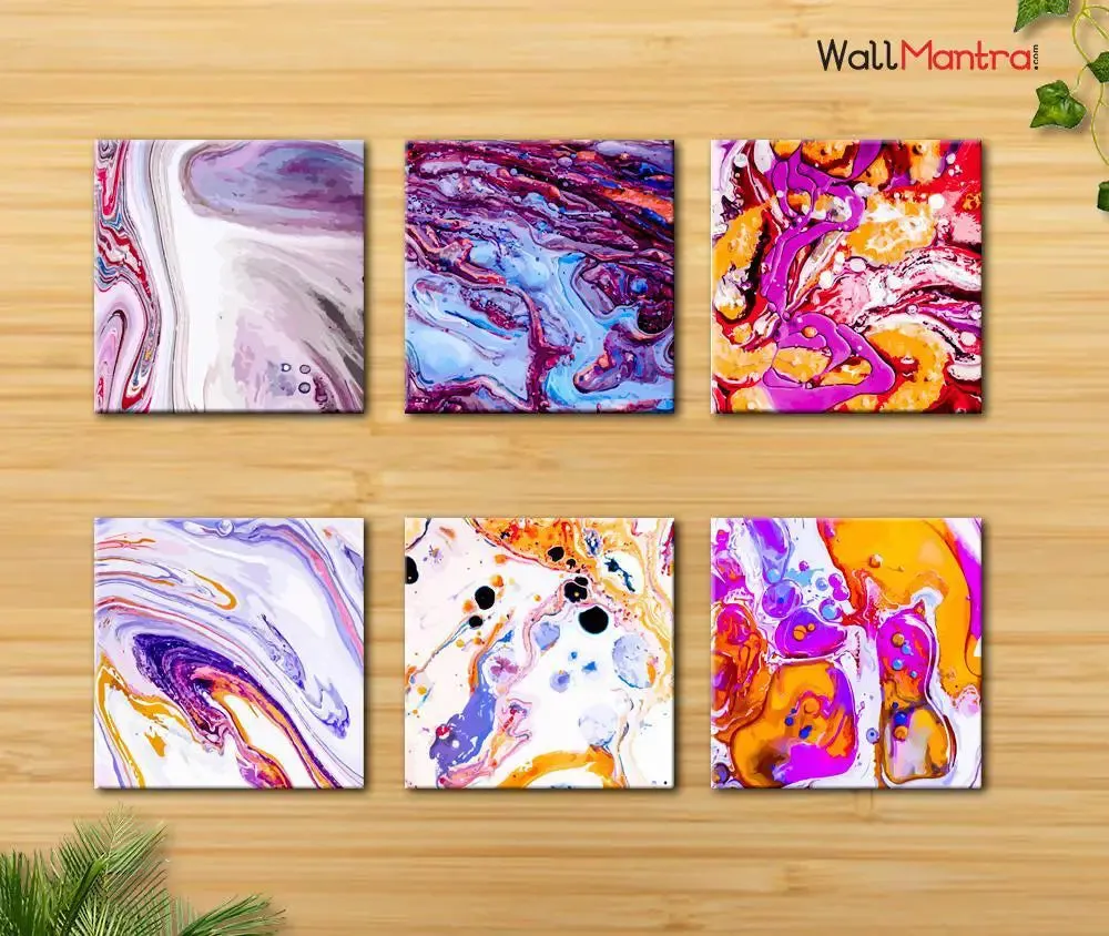 Ebru Art Abstract Design Canvas Printed Painting Frame Set of 6 Size: 18 inch (W) X 18 inch (H) each panel