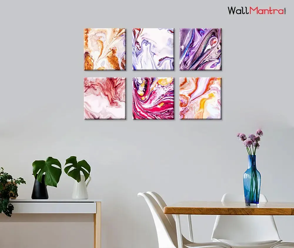 Ebru Art  Abstract Design Canvas Printed Painting Frame Set of 6 Size: 18 inch (W) X 18 inch (H) each panel