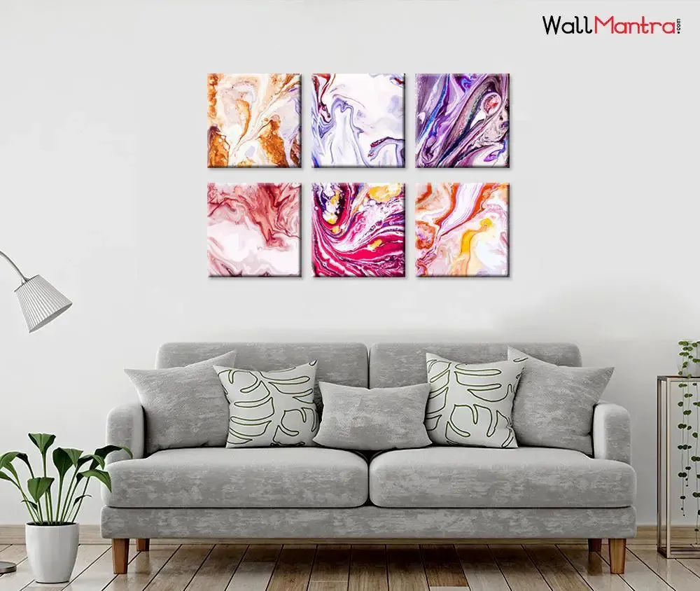 Ebru Art  Abstract Design Canvas Printed Painting Frame Set of 6 Size: 18 inch (W) X 18 inch (H) each panel