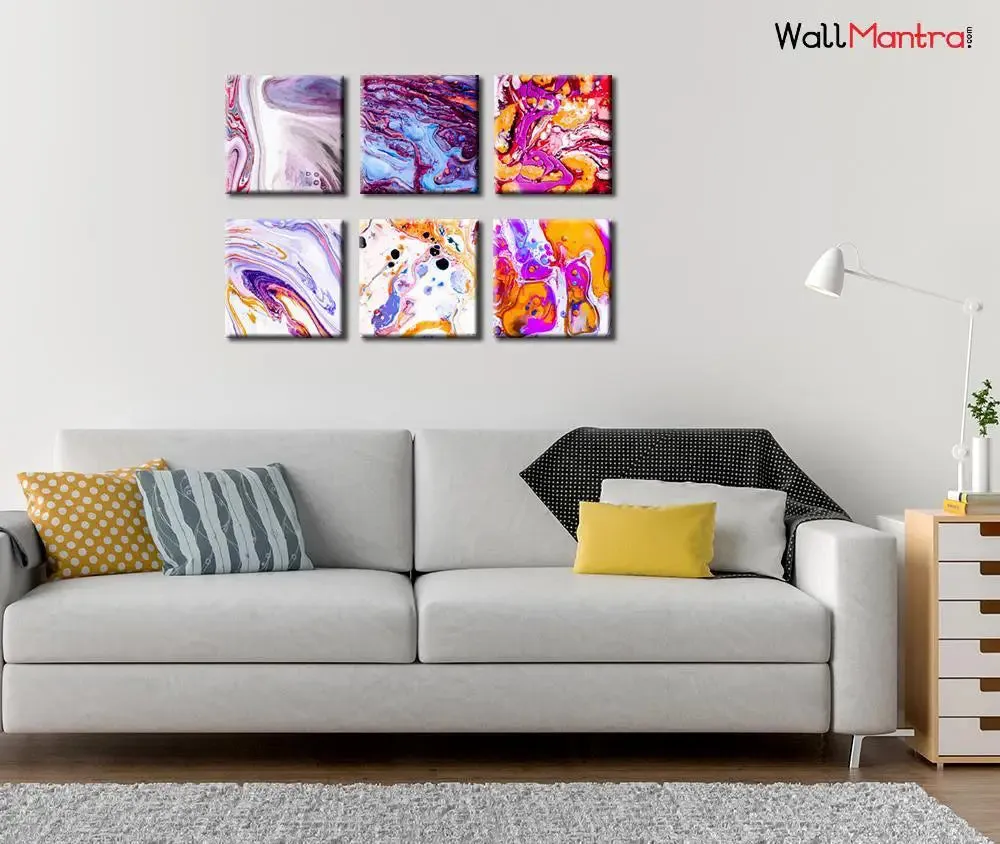 Ebru Art Abstract Design Canvas Printed Painting Frame Set of 6 Size: 18 inch (W) X 18 inch (H) each panel
