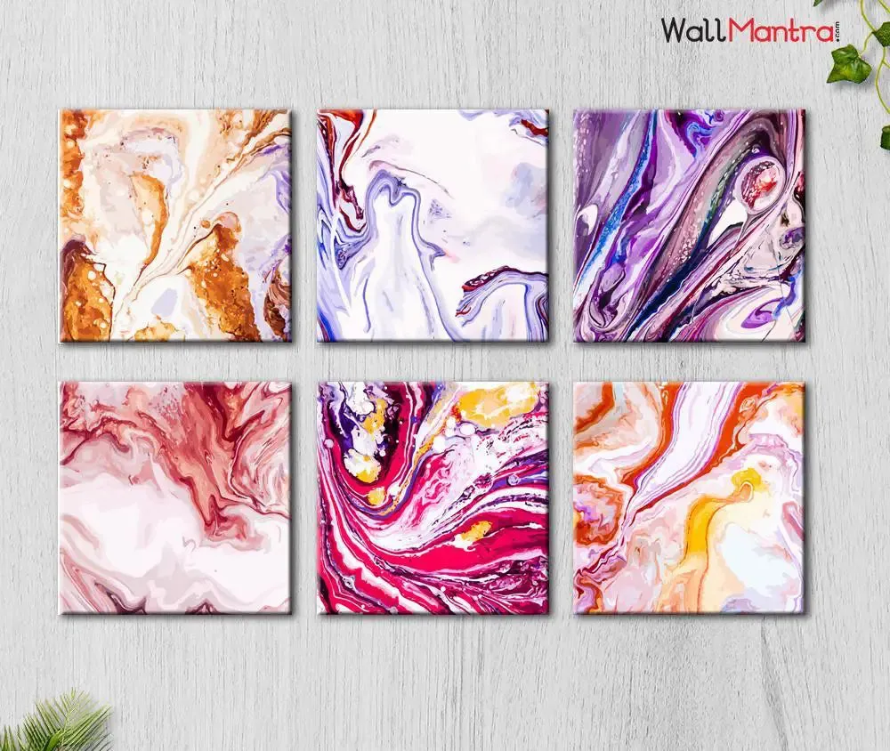 Ebru Art  Abstract Design Canvas Printed Painting Frame Set of 6 Size: 18 inch (W) X 18 inch (H) each panel