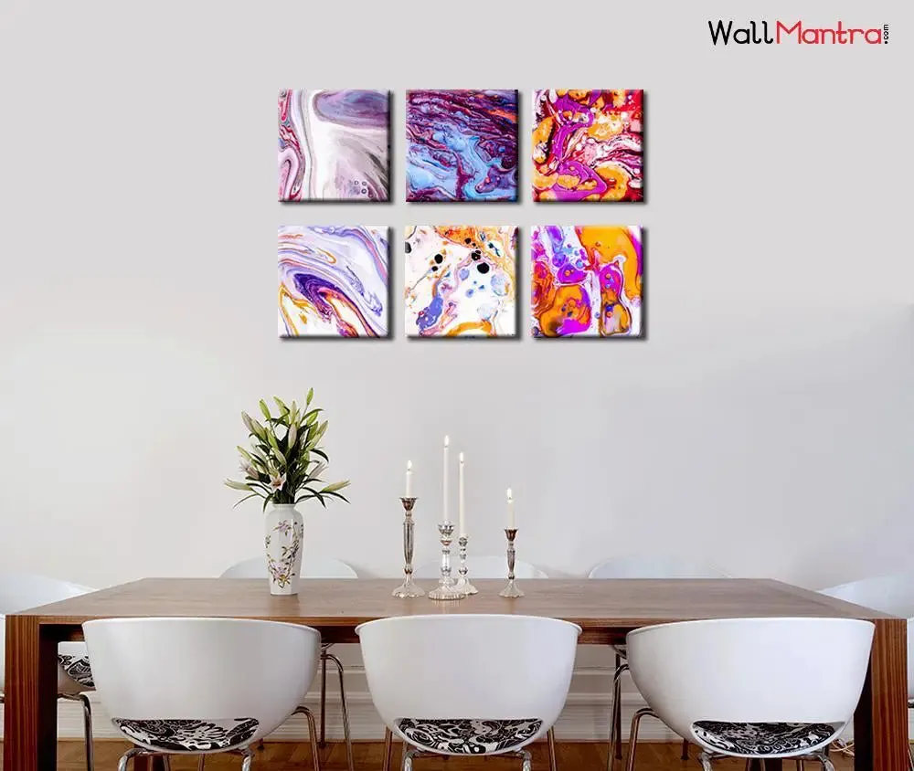 Ebru Art Abstract Design Canvas Printed Painting Frame Set of 6 Size: 18 inch (W) X 18 inch (H) each panel