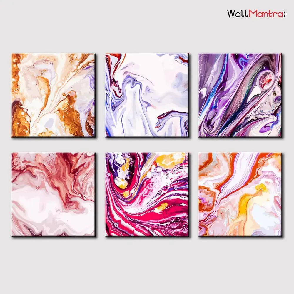 Ebru Art  Abstract Design Canvas Printed Painting Frame Set of 6 Size: 18 inch (W) X 18 inch (H) each panel