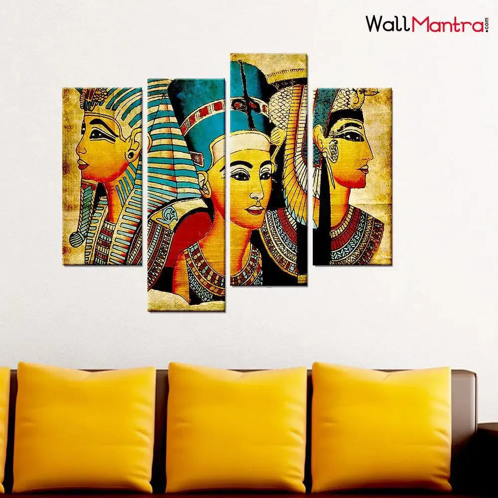 Egyptian Art Canvas Print 4 Pieces Wall Painting Framed on Wood
