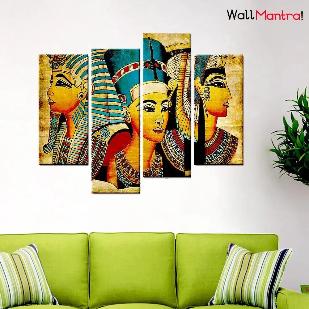 Egyptian Art Canvas Print 4 Pieces Wall Painting Framed on Wood